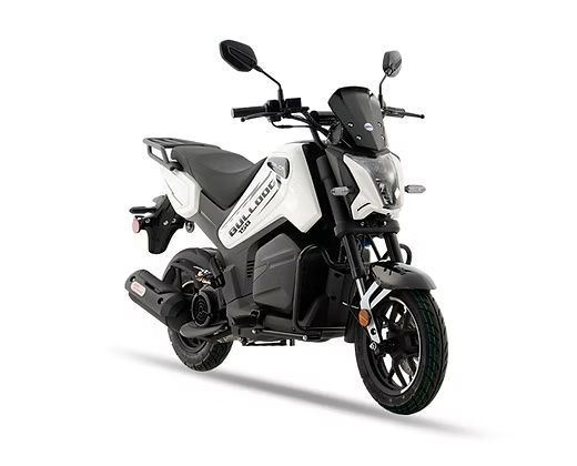 White and black Bulldog mini motorcycle on a white background.