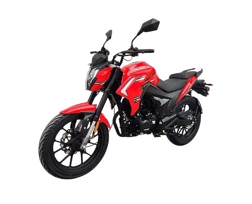 Red motorcycle on a white background; black wheels, handlebars, and seat.