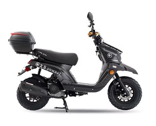 Black scooter with a storage box and the words "X3 Combat" on its side.