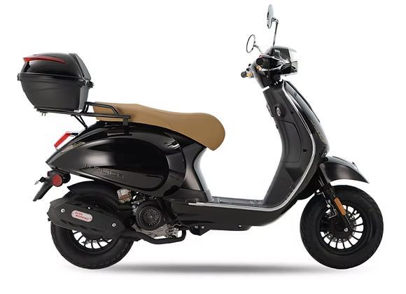 Black scooter with a tan seat and a top case on a white background.