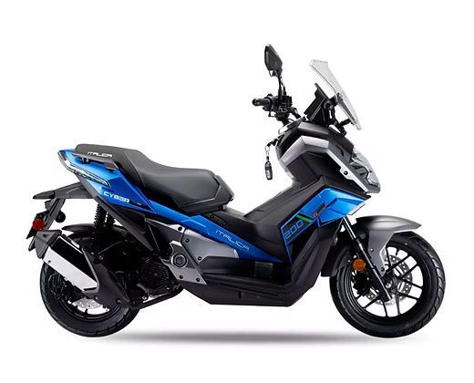 Blue and black scooter with a windshield, on a white background.