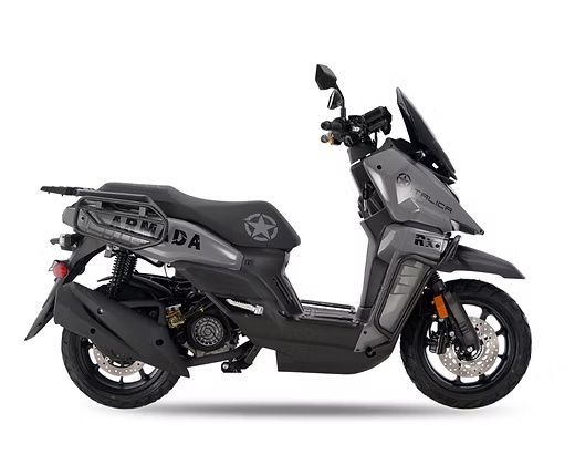 Gray scooter with a black rack on a white background.