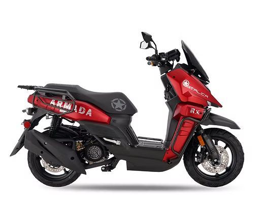 Red and black Armada RX5 scooter with a luggage rack, side view.