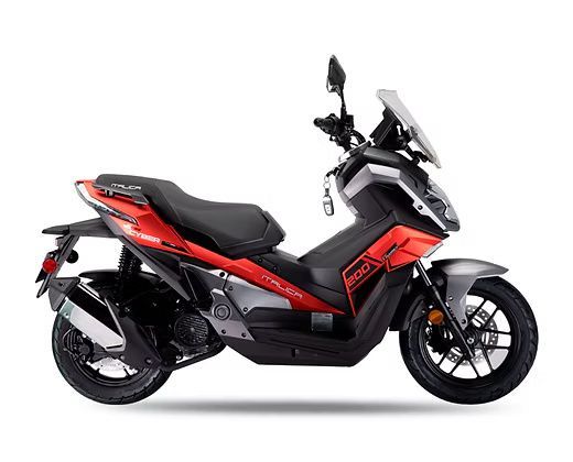 Red and black scooter, side view. Features include a windshield, black seat, and silver accents.