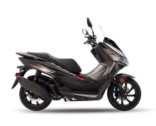 Dark gray scooter with black wheels and a windshield.