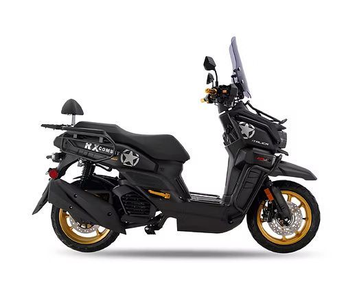 Black scooter with gold accents, windshield, luggage rack, and passenger backrest.