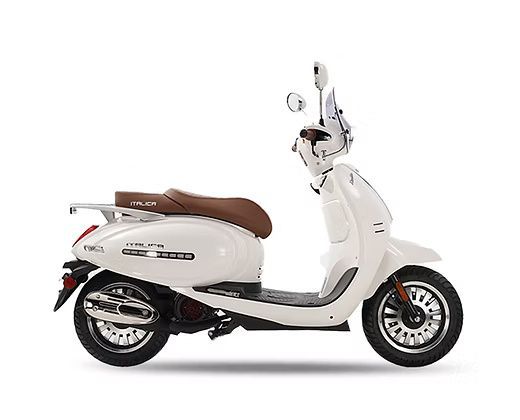 White motor scooter with brown seat, parked on a white background.