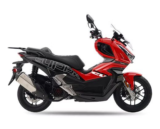 Red and black Supra scooter with black wheels, on a white background.