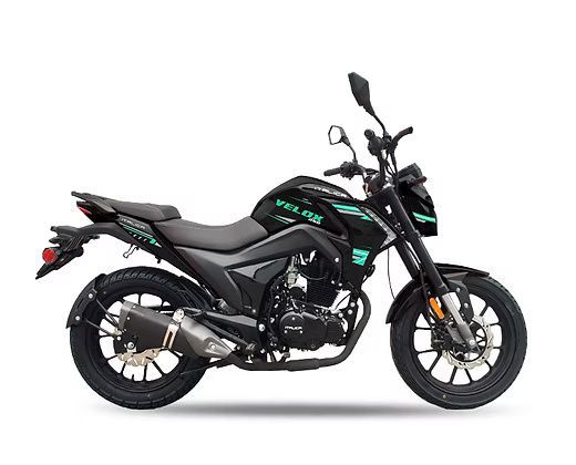 Black Velos motorcycle with teal accents, on a white background.