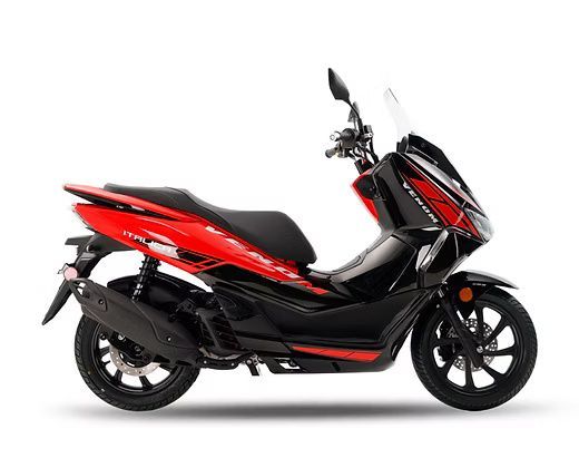 Black and red scooter, side view, on a white background.