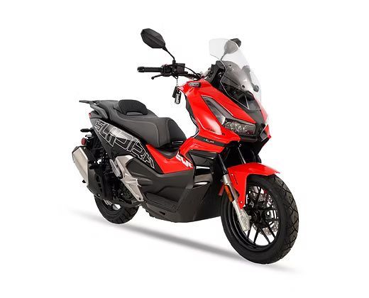 Red and black Supra scooter with black wheels, on a white background.