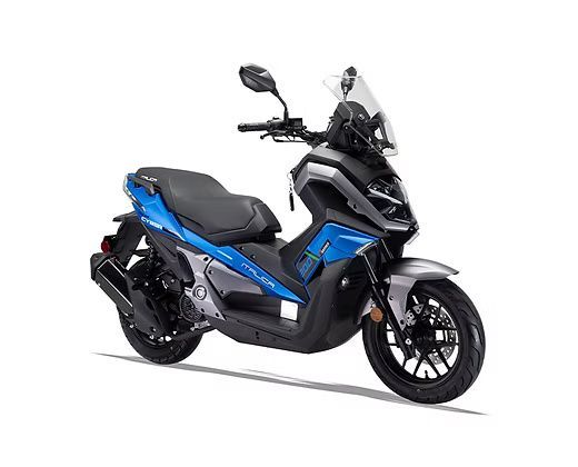 Blue and black scooter with a windshield, on a white background.