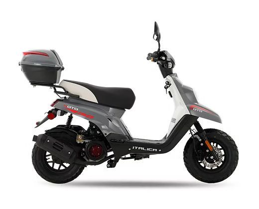 Gray and white scooter with a red engine and storage box.