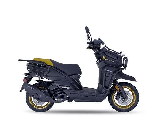 Black scooter with yellow seat and gold rims.