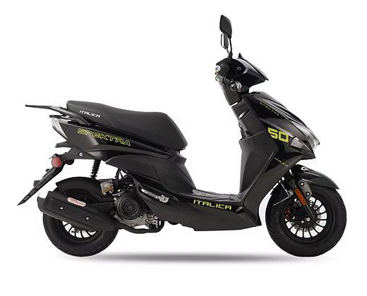 Black Italica scooter with yellow accents, parked on a white background.