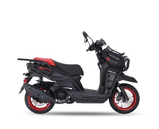 Black and red scooter with a red seat and wheels on a white background.