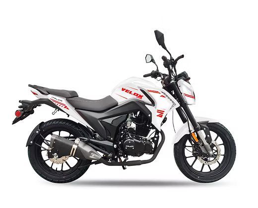 White and red Velos motorcycle with black wheels, on a white background.