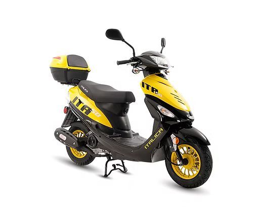 Yellow and black Italica scooter with a storage box, on a white background.