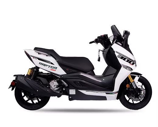 White and black Raptor 300 scooter with dark rims, against a white background.