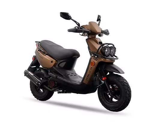 Tan and black scooter with round tires on a white background.