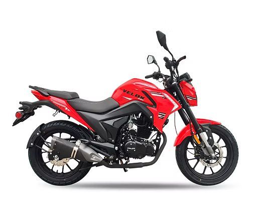 Red Velos 200cc motorcycle, black accents, on white background.