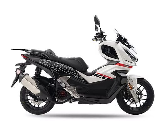 White and black Super Soco CPx electric scooter, side view.