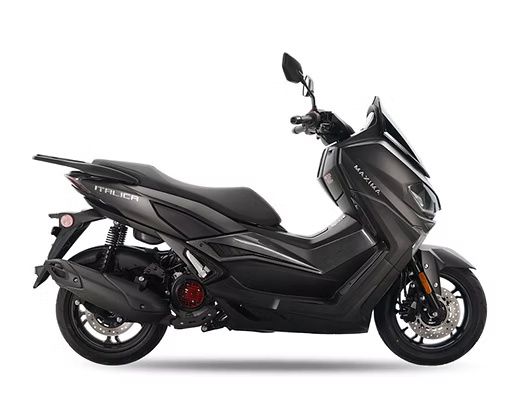 Black scooter with sporty design, side view, on a white background.