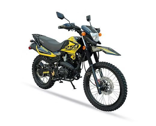 Yellow and blue dual-sport motorcycle with black accents on a white background.