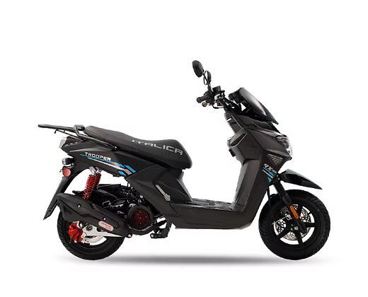 Black Italica scooter with red accents, parked on a white background.