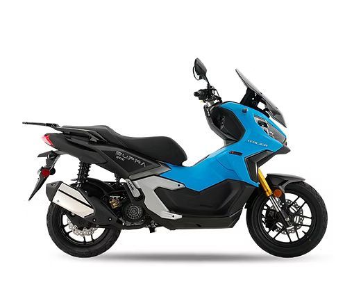 Blue and black ADV style scooter with black wheels, on a white background.