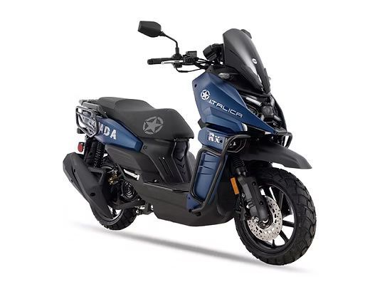 Blue and black Armada RX5 scooter with luggage rack, on white background.