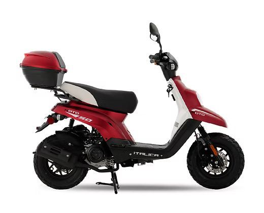 Red and white scooter with a storage box, side view, on a white background.