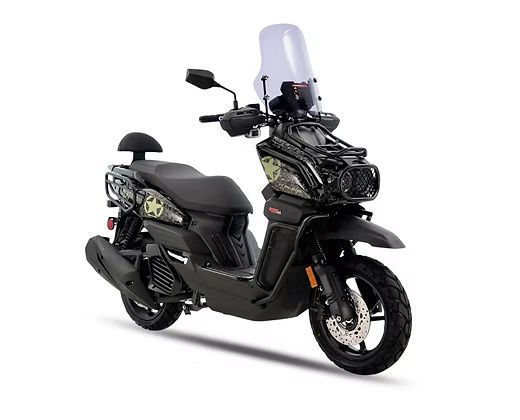 Black scooter with star graphics and a windshield.