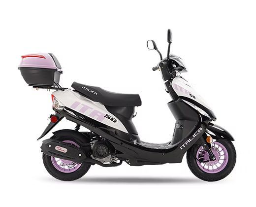 White and black Italica scooter with pink accents, a top box, and black seat.