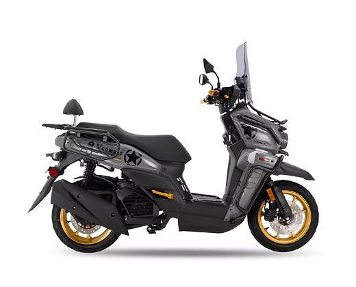 Gray and black scooter with gold accents; side view. Has windshield, cargo rack, and black seat.