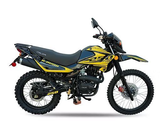 Yellow and blue dual-sport motorcycle with black accents on a white background.