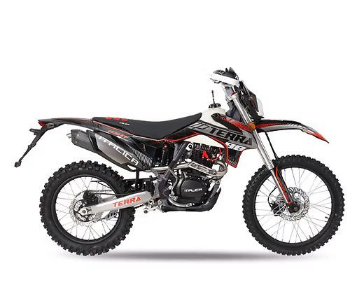 Black, red, and white dual-sport motorcycle with knobby tires, facing right, against a white background.
