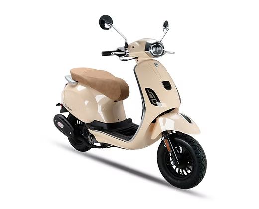 Cream-colored Italica scooter with a tan seat, black accents, and black wheels, shown in profile.