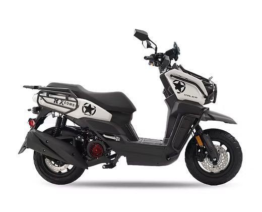 White and black scooter with star decals on a white background.