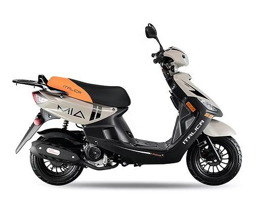 Beige and black Italika Mia scooter with orange seat, on a white background.