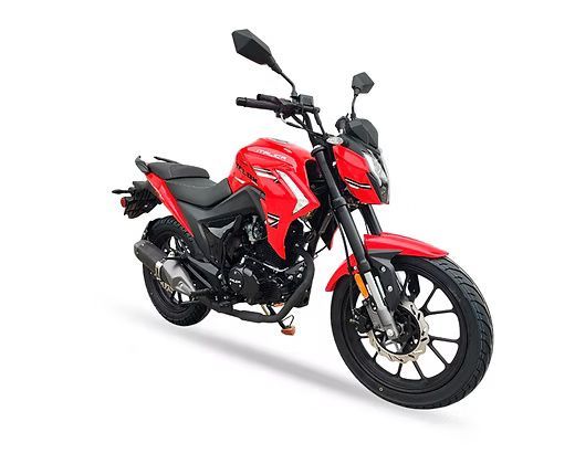 Red Velos 200cc motorcycle, black accents, on white background.