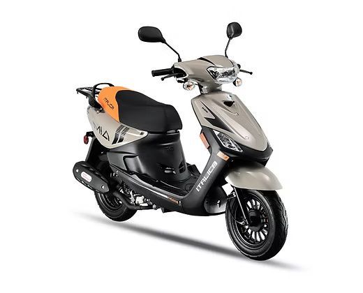 Beige and black Italika Mia scooter with orange seat, on a white background.