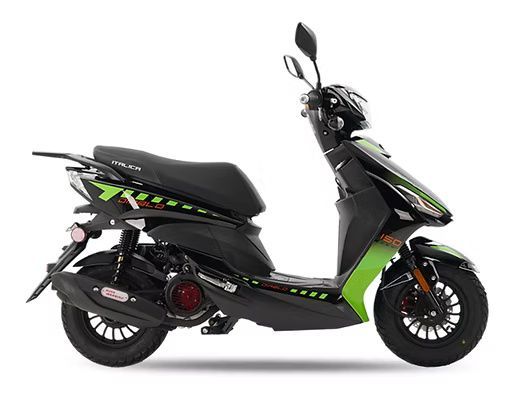 Black and green motor scooter parked on a white background.