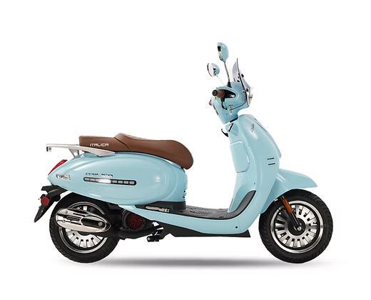 Light blue scooter with brown seat, chrome accents, and a luggage rack.