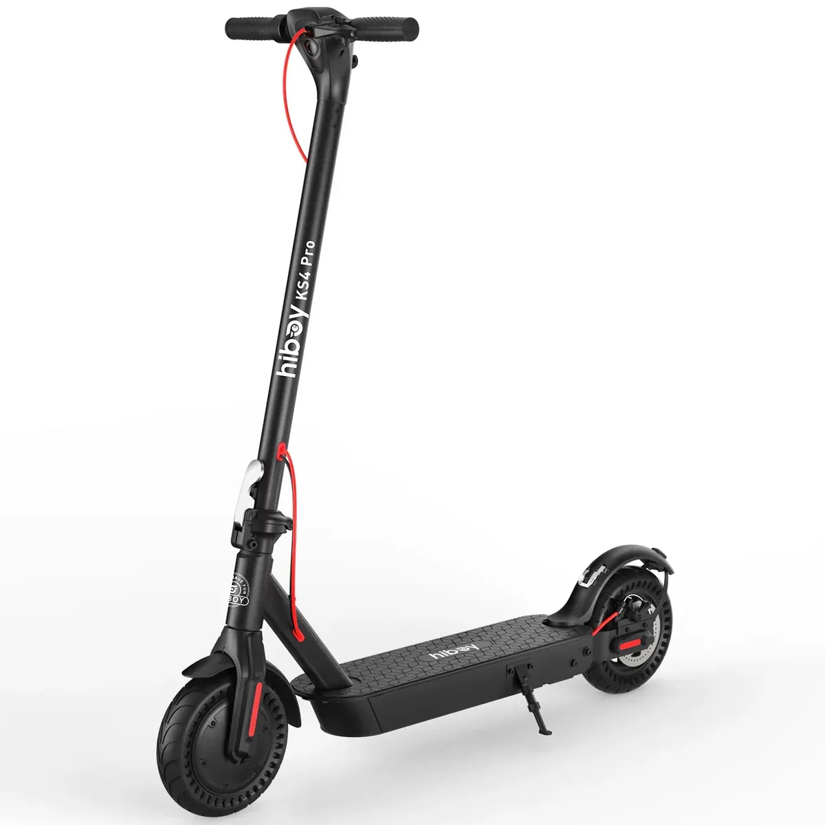 Black Hiboy electric scooter with red accents, on a white background.