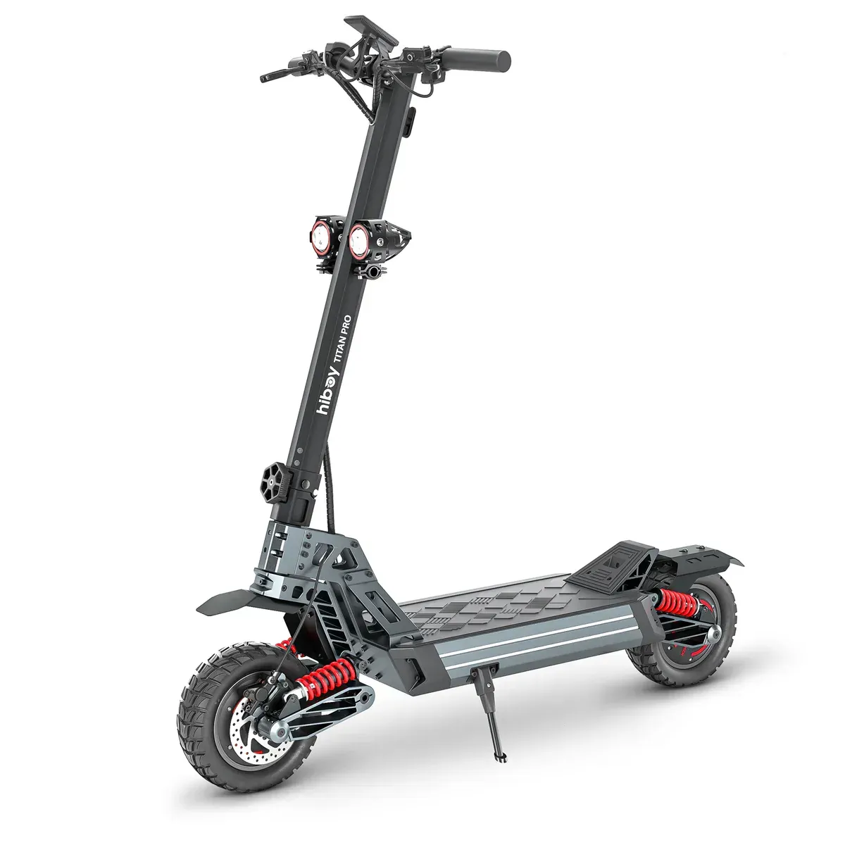 Black and gray electric scooter with two headlights, off-road tires, and a kickstand.