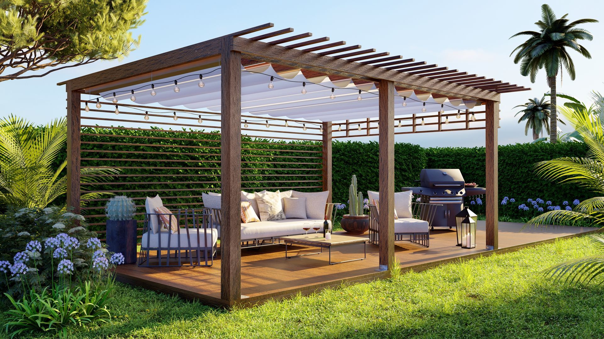 Wooden pergola with seating area, grill, and lush landscaping on a sunny day.