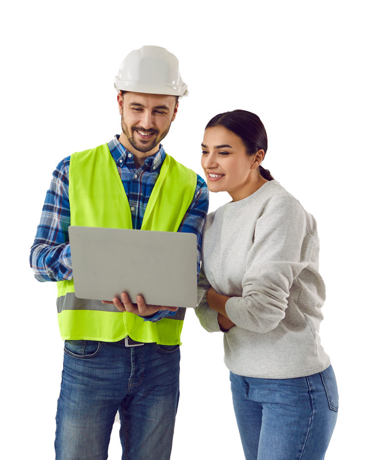 A man and a woman are looking at a laptop together.