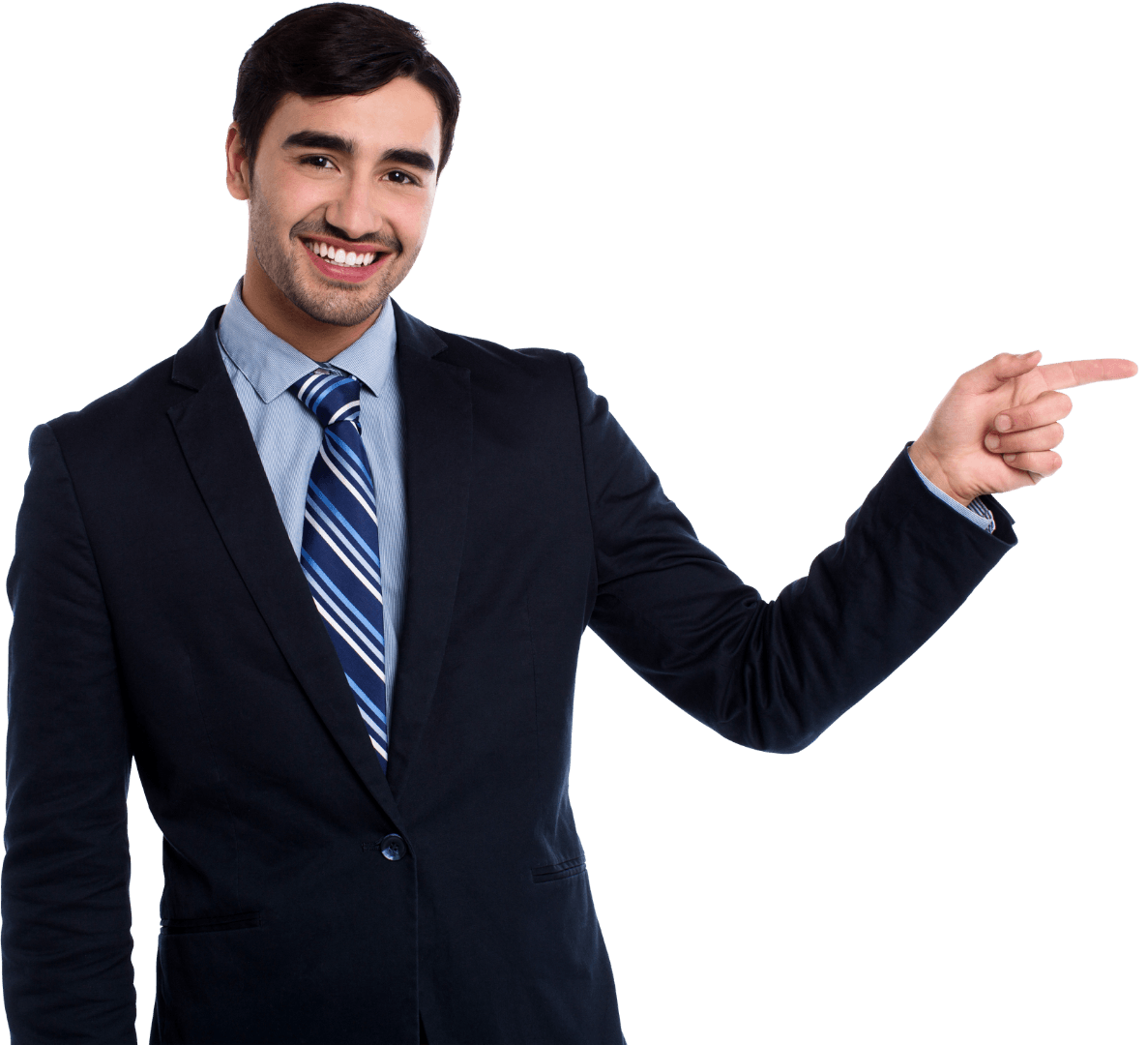 A man in a suit and tie is pointing at something