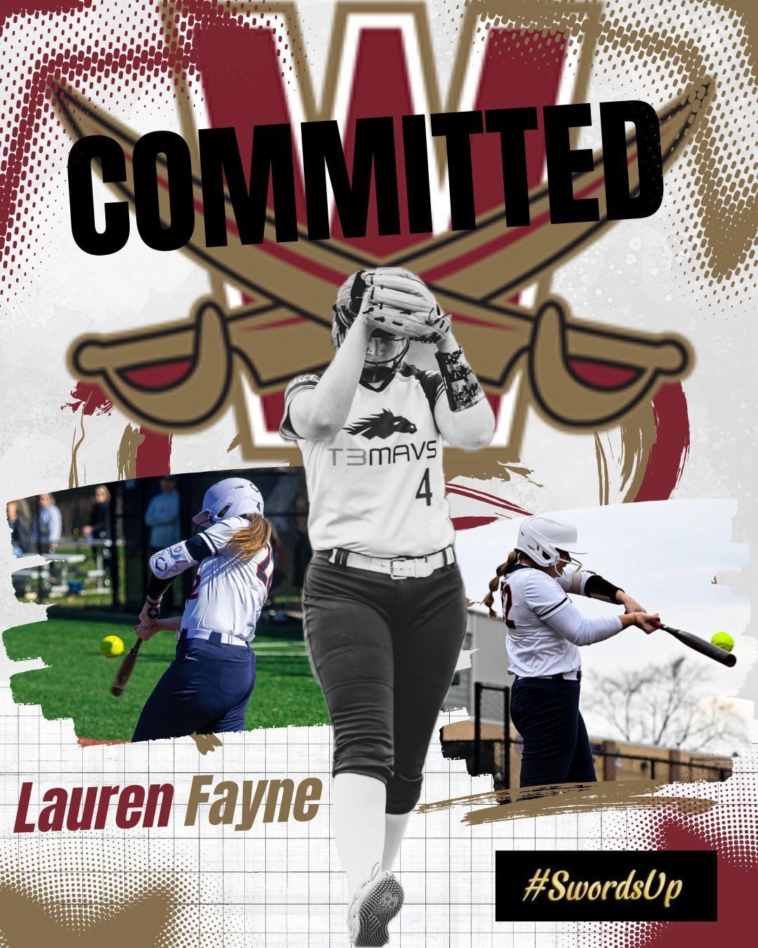 T3 Mavericks softball player, Lauren Fayne, college commitment graphic